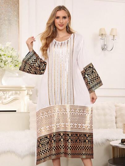2026 New Style Ramadan Traditional Elegant Dress, Gold Beaded Embroidery, Arabic Women's Dress With Patchwork Hem, Round Neck Long Sleeve, Fashionable And Graceful
