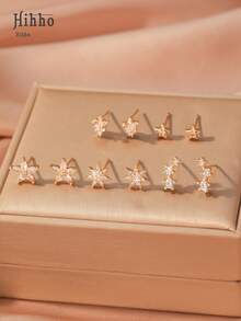 Hihho 10pcs/Set New Fashionable Classic Flower, Star, Meteor Stud Earrings Set With Shiny Zirconia Stones, Simple Design Women Earrings For Daily Wear, Holidays And Gifts (White Gift Box) - Silver - View 2