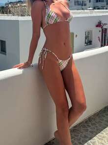 Women's Triangle Halter Bikini Set, High-Cut Design With Tie Closures, Two-Piece Plaid Print Swimsuit, String Bikini Swimwear. - 綠色 - 查看 5