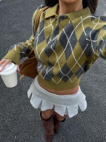 DEEKA Autumn/Winter New Women's Fashion Minimalist Versatile Rhombus Pattern Polo Neck Long Sleeve Knit Sweater