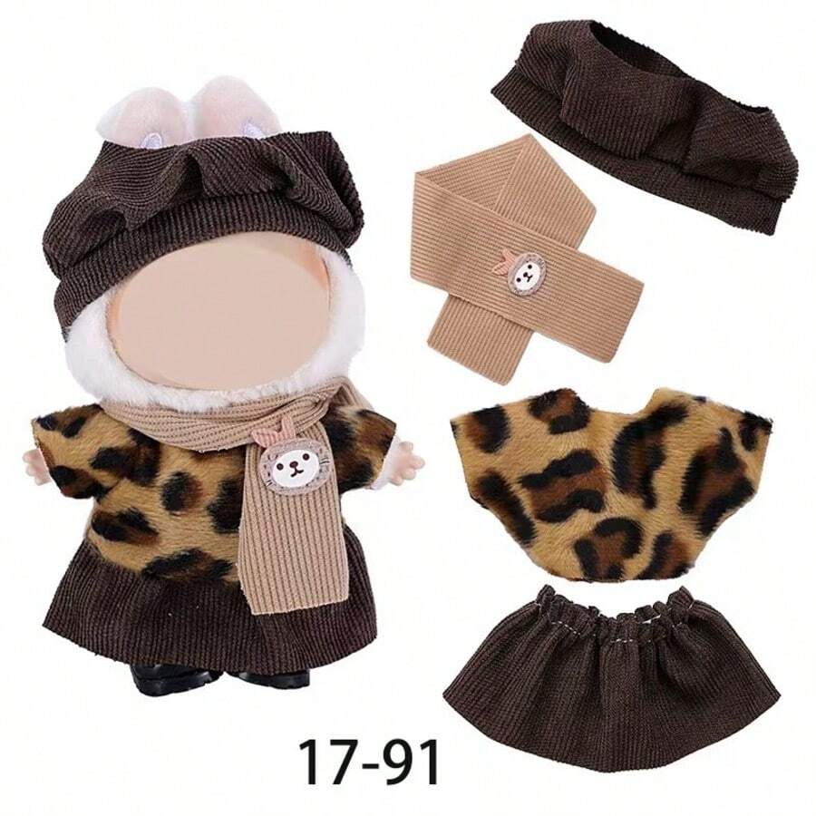 17cm Doll Clothes Set (Doll Not Included), Cute & Fashionable, Includes Dress, Leopard Print Top, Scarf, And Hat, Suitable For Dolls - Multicolor - View 1