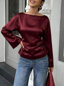 Nouvelle blouse élégante et romantique pour femmes, style casual urbain, col rond, manches chauve-souris longues, taille avec lien, coupe régulière. Convient pour les enseignantes, le printemps/été/automne, l'aéroport, les sorties, les vacances, les occasions décontractées - Rouge foncé - Voir 2