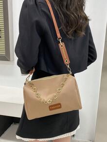 Borsa a tracolla con catena decorativa in metallo di colore unito, borsa a secchiello quadrata minimalista di colore unito per donna - Cachi - Visualizzare 4