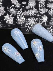 2 Stück glänzende weiße Schneeflocken Weihnachts Nail Art Sticker, Winterliche Schnelandschaft, HOHO Buchstaben Glitzer Schneeflocken Nail Decals, Weihnachts- und Neujahrsnagel Design Dekoration - Verschiedenfarbig - Übersicht 2