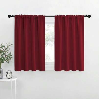 1pc Faux Silk Woven Crafted Kitchen Small Curtain, Top Pocket, Suitable For Kitchen, Cafe, Solid Color Panel Curtain, 100% Blackout