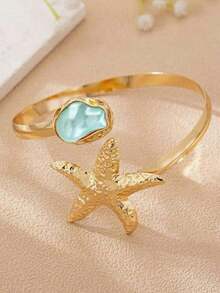 1pc Women's Fashionable New Starfish Bangle Open Baroque Pearl Style Bracelet, Suitable For Beach, Party, Wedding, Holiday, Music Festival, Gift - 臂章 - 查看 2