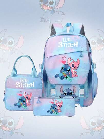 3pcs Stitch Cartoon Backpack Set, Lightweight Multifunctional, Suitable For Family, Gifts, Holidays, Halloween, Christmas, Casual Cute Fresh Backpack, Student Schoolbag, Outdoor Travel Printed Backpack