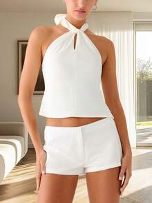 Women's Halter Neck Tank Tops Y2K Front Keyhole Sleeveless Crop Tops Cute Back Tie-Up Cropped Vest Open Back Chiffon Camisole Summer Casual Blouse Going Out Tops Strretwear Shirt For Party Beach - Trắng - Xem 2