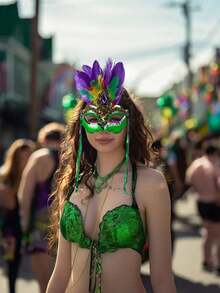 1件装女士化妆舞会面具，带人造羽毛，适合各种派对服装和配饰 - 綠色 - 查看 4