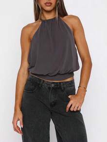 Women Halter Neck Cami Tops Solid Color Open Back Sleeveless Crop Shirts  Summer Streetwear - Dark Grey - View 3