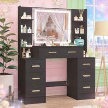 Dressing Table Makeup Vanity Black With Mirror LED Lights 7 Drawers & Shelves - 黑色 - 查看 3