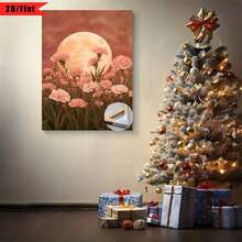 Enmarcado [2D plano] 1 pieza de luna llena en el cielo, rodeada de claveles rosados| Cuadro de arte en lienzo plano 2D, embalaje con marco de madera, muy adecuado para la decoración del hogar, habitación, sala de estar, dormitorio, baño, elección perfecta para Acción de Gracias y otras festividades. Disponible en varios tamaños, se puede colgar directamente sin instalación. - Multicolor - Ver 7