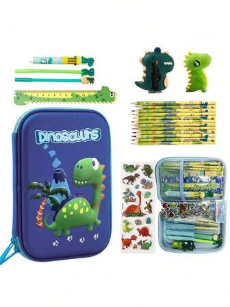20pcs Stationery Set, Cute Unicorn & Dinosaur Pencil Case, 3D EVA Pencil Box With Compartments, Pencils, Erasers, Sharpener And Stickers, School Supplies, Pink & Blue