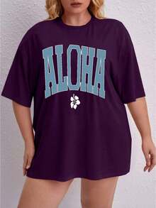 Oversized Printed Aloha Flower T-Shirt, Summer/Spring Short Sleeve Blouse, Lightweight Gym Wear - Purple - View 6