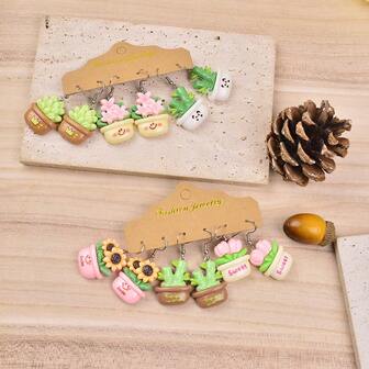 3 Pairs Cute Cartoon Plant Resin Earrings Set, 3D Cactus, Sunflower, Tulip, Bamboo, Small Flower Pendant Earrings, Suitable For Girls, Women Daily Wear, Festivals, Graduation, Birthday, Back To School Gifts, Jewelry For Friends