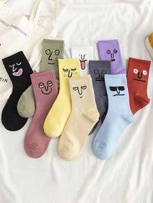 5/10 Pairs Women's Crew Socks, Funny Expression Graphic, Solid Color, Versatile, Sports Socks Suitable For Various Occasions - Multicolor - View 14