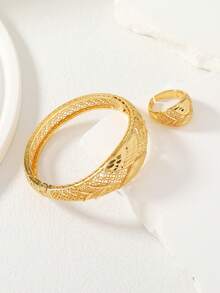 2pcs/Set Copper Jewelry Set For Women Including 1pc Bangle And 1pc Ring - Yellow Gold - View 5