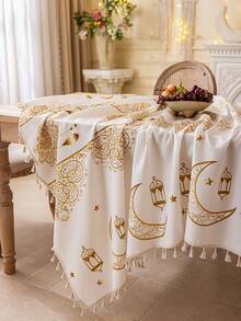 1pc Bohemian Beige Rectangular Tablecloth With Gold Moon, Geometric Patterns, Stars & Lantern Prints, Beige Tassel Decor, Washable, For Dining Table, Coffee Table, Round Table, Home Decor, Suitable For Family Kitchen, Dining Room, Party, Dinner, Arabic Style Holiday Decoration, Gift - Beige - View 6