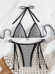 wohenmeili 女士性感露背系带几何印花开衩比基尼套装，夏季海滩度假 - 黑色 - 查看 2