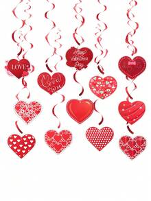 12个情人节心形螺旋吊坠，红色心形挂饰，情人节装饰，情人节快乐装饰，爱情礼物，婚礼用品，新娘送礼会回礼，家居装饰，卧室装饰，浪漫烛光晚餐背景，室内/室外派对用品，情人节礼物 - 紅色 - 查看 11