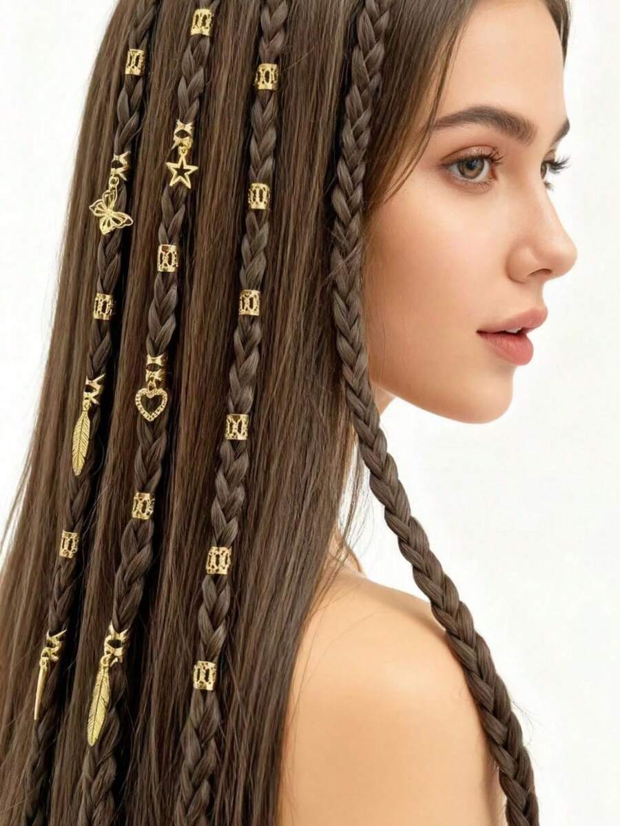 26pcs Y2K Heart Shaped Golden Hair Rings, Metal Hollow Adjustable Fashion Simple Dreadlocks Accessories - Multicolor - View 1