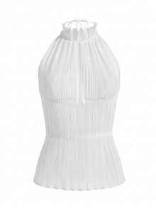 Women's Fashion White Ruched Chiffon Camisole, Backless Tie Design, Ruffle Hem, Regular Length Non-Stretch Fabric Tank Top