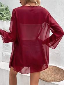 EARO 春季休闲纯色喇叭袖轻薄透视外套 - 酒紅色 - 查看 2