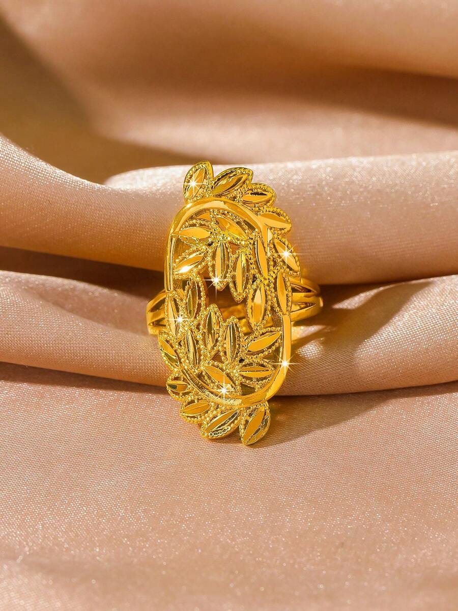 1枚优雅百搭的24K镀金镂空叶子设计可调节戒指，适合女士日常佩戴 - 金黃色 - 查看 1