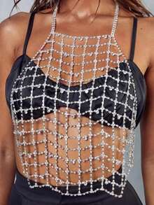 1件时尚性感银色网状身体链，欧美风格百搭胸链，女士适用 - 銀色 - 查看 1