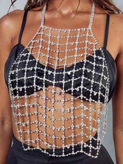 1 pieza Cadena de Body de malla plateada de moda y sexy, cadena de pecho versátil de estilo europeo y americano para mujeres