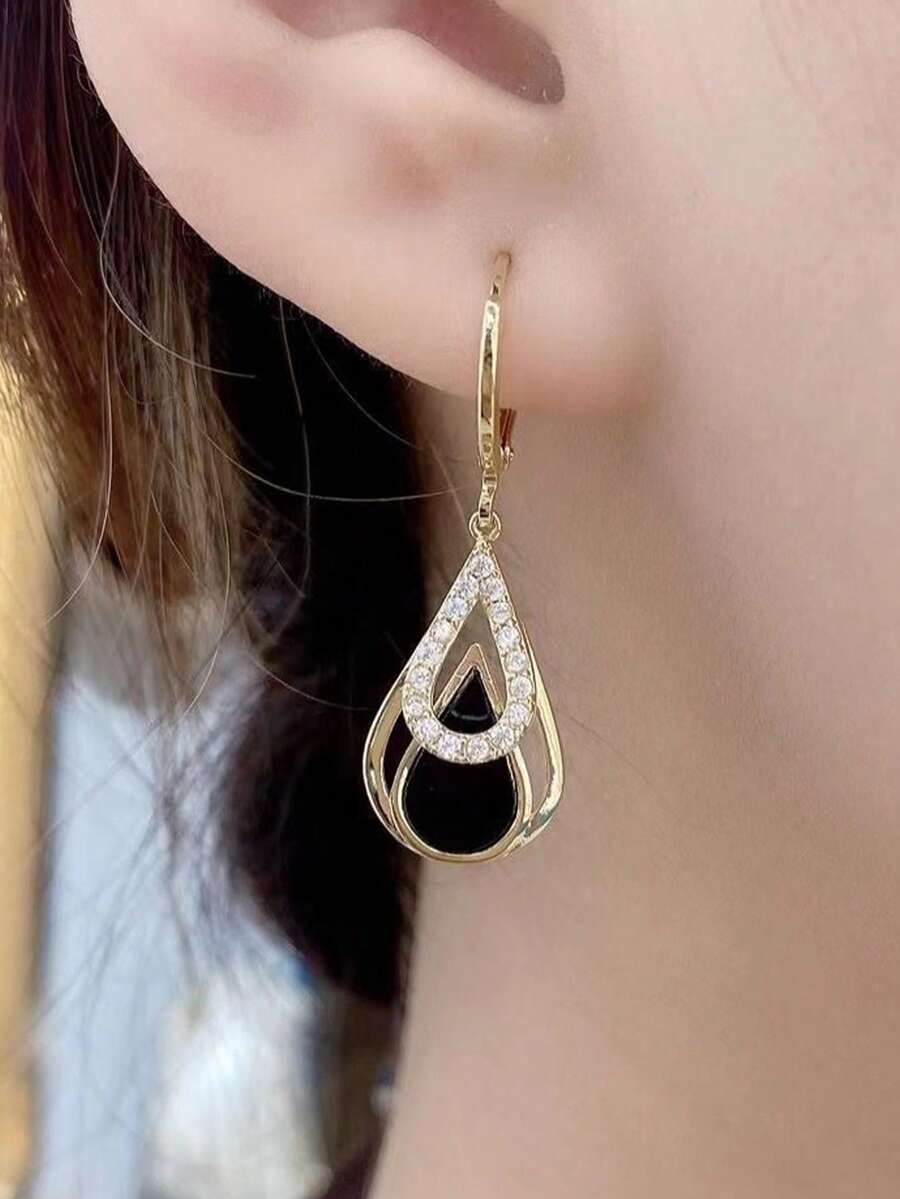 1 Pair Women's Teardrop Pendant Earrings, Gold-Tone Cubic Zirconia Double Teardrop Pendant Earrings, Lightweight & Elegant Leverback Earrings, Jewelry For Wedding & Party - Multicolor - View 1