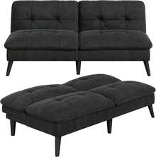 Futon Sofa Bed Velvet Futon Couch With Adjustable Backrest, Small Convertible Folding Sleeper Sofa Bed, Modern Loveseat For Living Room, Bedroom And Small Space, Black - 黑色 - 查看 6