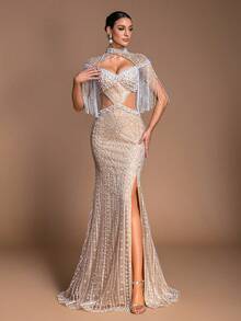 Elegant Long Party Dress With Embellished Pearls, Women's Sleeveless Tassel Hollow Strapless Choker Neck Mermaid Gown, Formal Evening Dress For Red Carpet, Gala, Wedding, Bridesmaid - 香檳色 - 查看 2