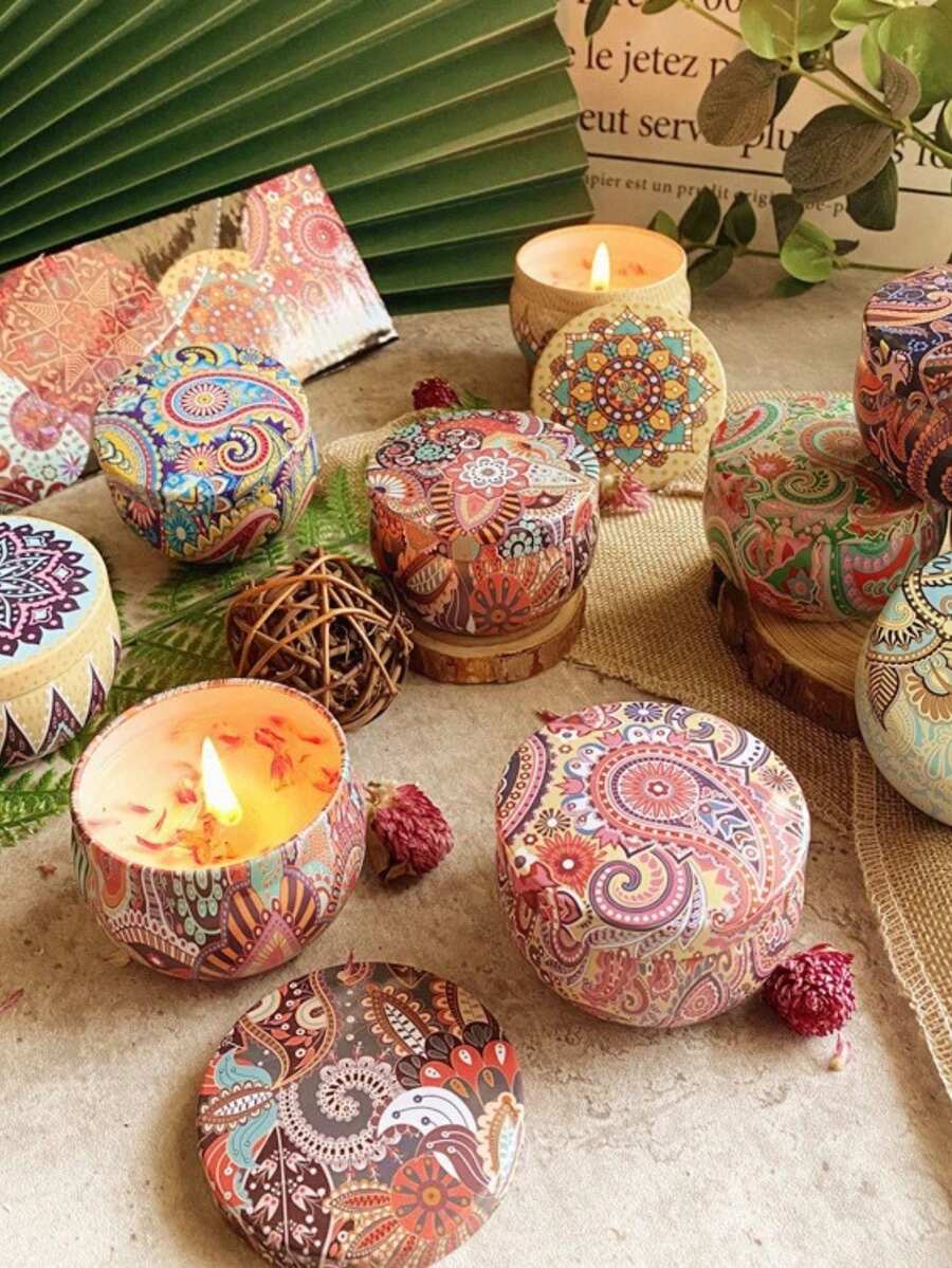 Scented Candle Set, Comes With Colorful Gift Box, Assorted Fragrance Combinations, Aromatic And Concentrated Scent, Smokeless, Long Burning Time - An Ideal Christmas Gift For Family And Friends, Also Suitable As Wedding, Birthday, Holiday, Wedding Anniversary, Home Fragrance Candle, Unisex Candle Gift For Birthday, Christmas, Yoga Bath, Valentine's Day, Can Be Used For Home And Hotel Decoration, Vintage Pattern Design, Soy Wax Material - Multicolor - View 1