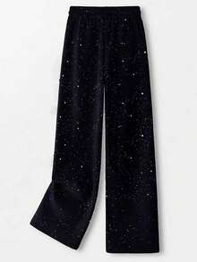 Women's Drawstring Waist Wide Leg Loose Shiny Casual Sweatpants, Everyday Wear - Black - View 2