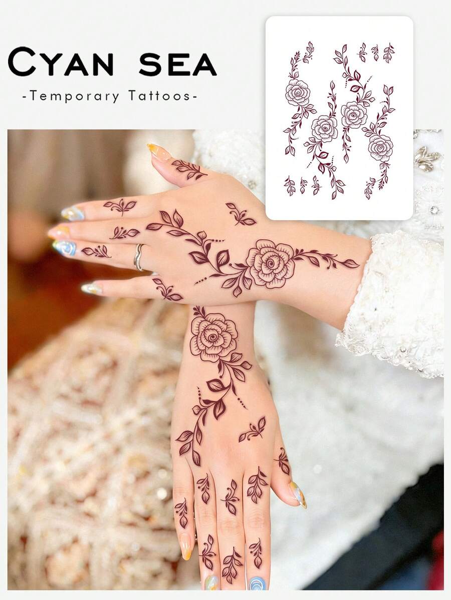 1pc Henna Lace Temporary Tattoo Sticker, Featuring Minimalist Red Henna Rose Design. Artistic, Waterproof, Sweat-Proof, Washable, Non-Reflective, Simulating Henna Tattoo Effect. Apply On Hands. Suitable For Fashionistas, Lasts3-5Days. - Red - View 1