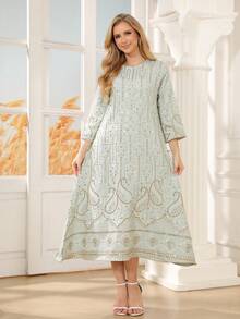 ASBB 重工刺繡金色亮片阿拉伯女款 JALABIYA 圓領金色領結綠色優雅洋裝，2026年秋季派對度假休閒穿著 - 薄荷綠 - 查看 7