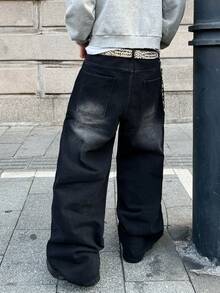 1pc Casual Loose Fit Embroidered Wide Leg Jeans, American Street Style, Comfortable Cotton Denim Pants, No Belt & Accessories - 黑色 - 查看 3