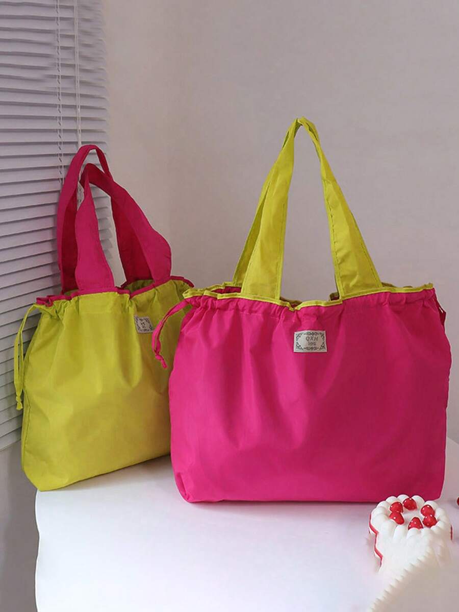 Large Capacity Drawstring Closure Washable Grocery Shopping Tote Bag, Foldable Handheld Storage Bag (All Printed Letters Random) - Hot Pink - View 1