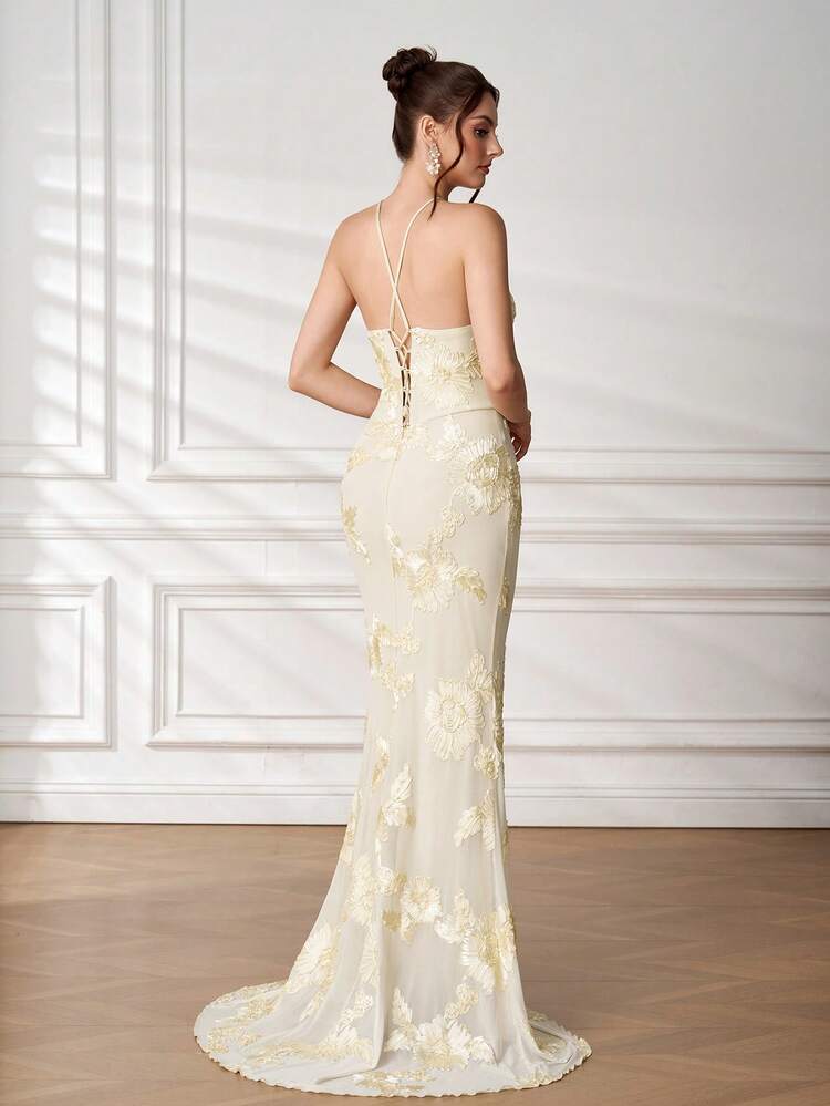 Elisanya Robe de cocktail sexy dos nu avec col montant, décoration florale 3D, robe de soirée longue ajustée à ourlet sirène pour événements formels, mariages, fêtes de mariage, soirées cocktail - Nude - Voir 2