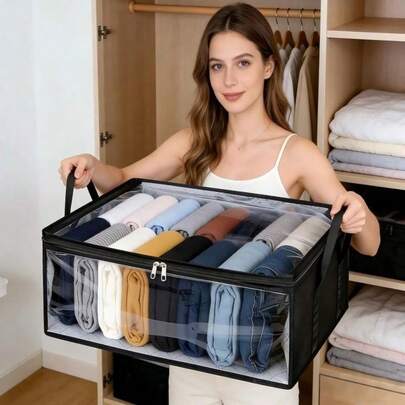 Foldable Clothes Storage Box, Dust-Proof Household Storage Container, Durable Large Capacity Thick Fabric Movable & Luggage Storage Organizer | Rectangular Garment And Linen Bag With Zipper Closure, Ideal For Home And Travel, Essentials For Moving, Classic Design, Sturdy Handle, Under Bed Storage Garment Bag Storage Bags Clothes Organizer Clothes Bag Packing Cubes Travel Essentials