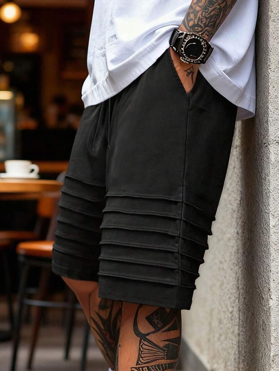 男士黑色褶皱休闲短裤，街头风，夏季 - 黑色 - 查看 1