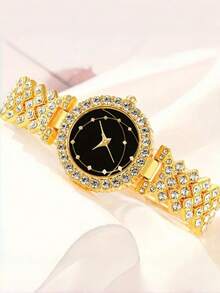 Set de 6 piezas: Reloj de pulsera de mujer con esfera de tierra y diamantes completos, estilo inglés, talla grande juego de joyería: collar de cristal, pulsera, aretes, anillo (sin caja) - Dorado - Ver 4
