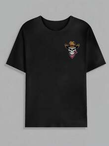 Camiseta de Verano Casual para Hombre con Cuello Redondo y Retrato - Negro - Ver 1