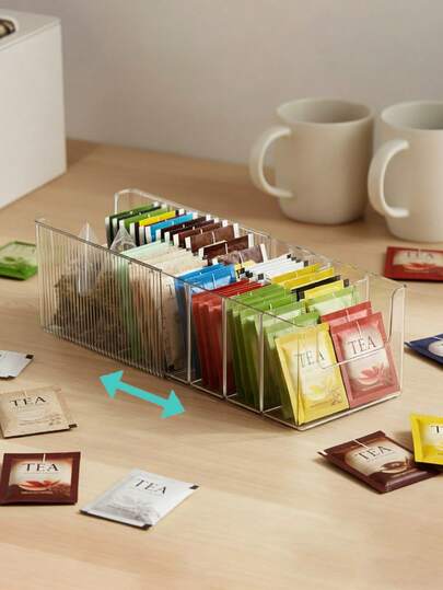 1 st expanderbar genomskinlig tepåseorganisatör med avdelare, förvaringslåda i akryl för kaffekapslar, snacks och sockerpåsar, justerbart köksskåp och dryckesstation för bänkskiva.