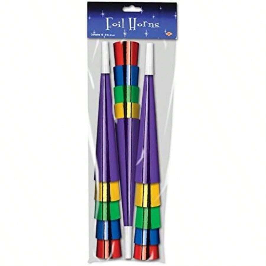 Beistle 88092- Packaged Foil Horns Party Favors, 9-Inch,15 Per Package,(Multicolor) - Multicolor - Ver 1