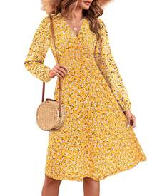 Women's All Over Floral Print Belted V Neck Dress Boho V Neck A-Line Short Dress For Summer Party Holiday Soft Lightweight Stretchy Fabric Comfortable Daily Wear - 黃色 - 查看 2