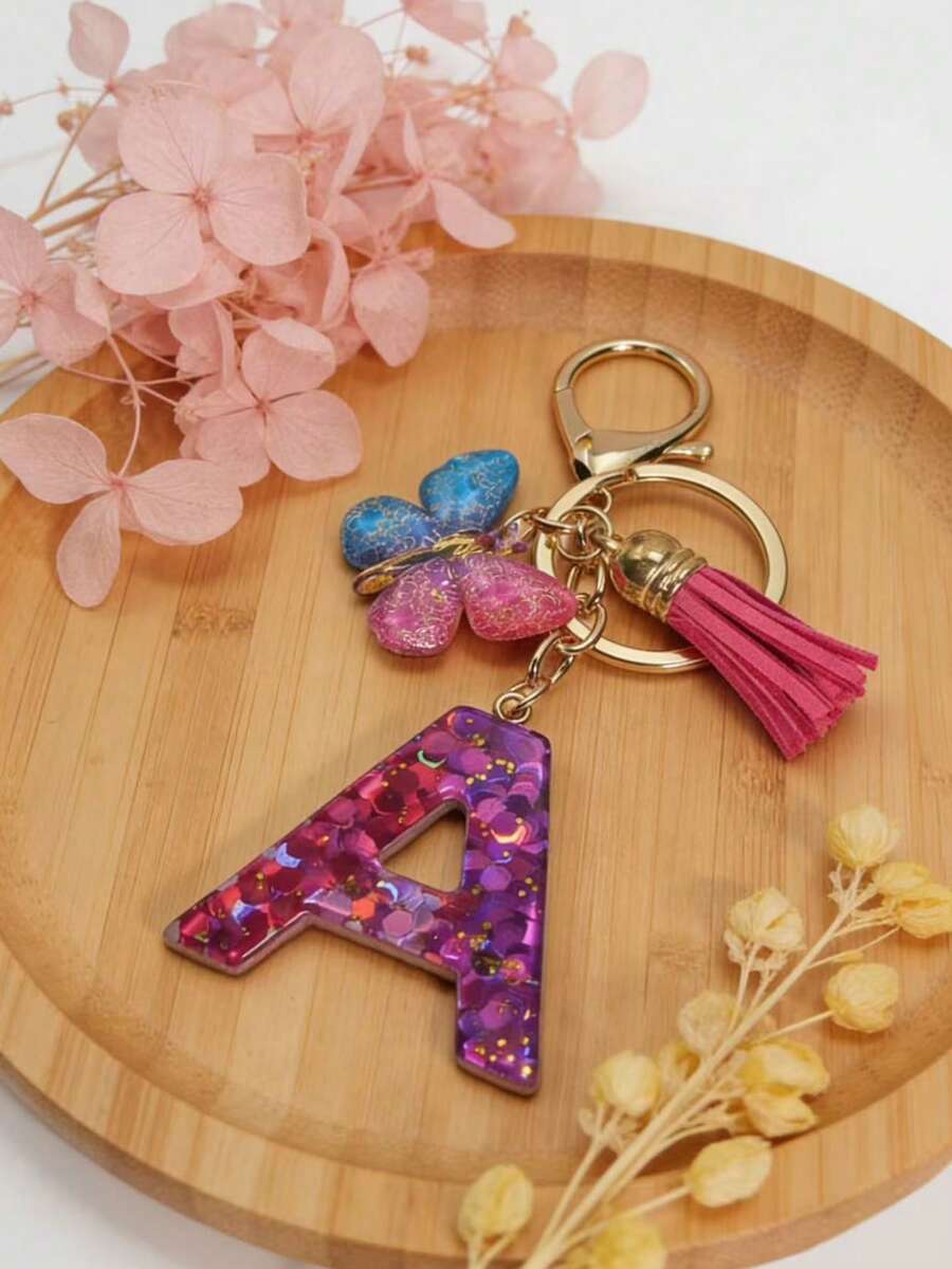 1pc English Letter Keychain, Charm Keyring With Butterfly Tassel Pendant - Contrast Sequins - View 1