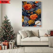 Enmarcado [2D Plano] 1 Pieza 2D Plano Patrón Floral y de Hojas en Naranja, Azul Marino, Amarillo y Gris| Decoraciones de regalo para el Día de Acción de Gracias y otras festividades, muy adecuadas para el hogar, habitación, sala de estar, dormitorio, decoración de baño, arte en lienzo con marco de madera, disponibles enúltiples tamaños, se pueden colgar directamente sin instalación. - Multicolor - Ver 2