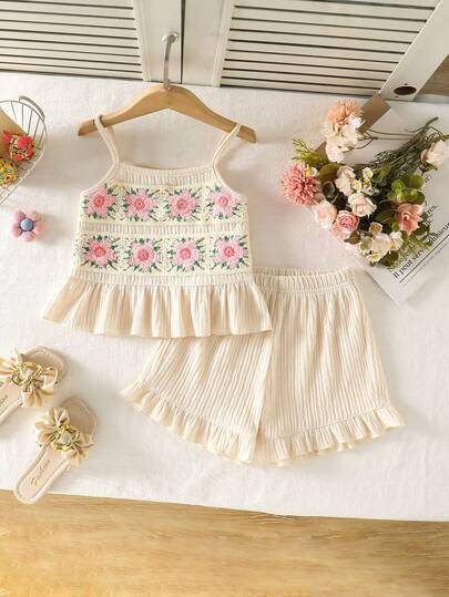 2件套女童夏季休闲拼接荷叶边无袖吊带背心和长裤套装，适合外出、聚会和日常穿着